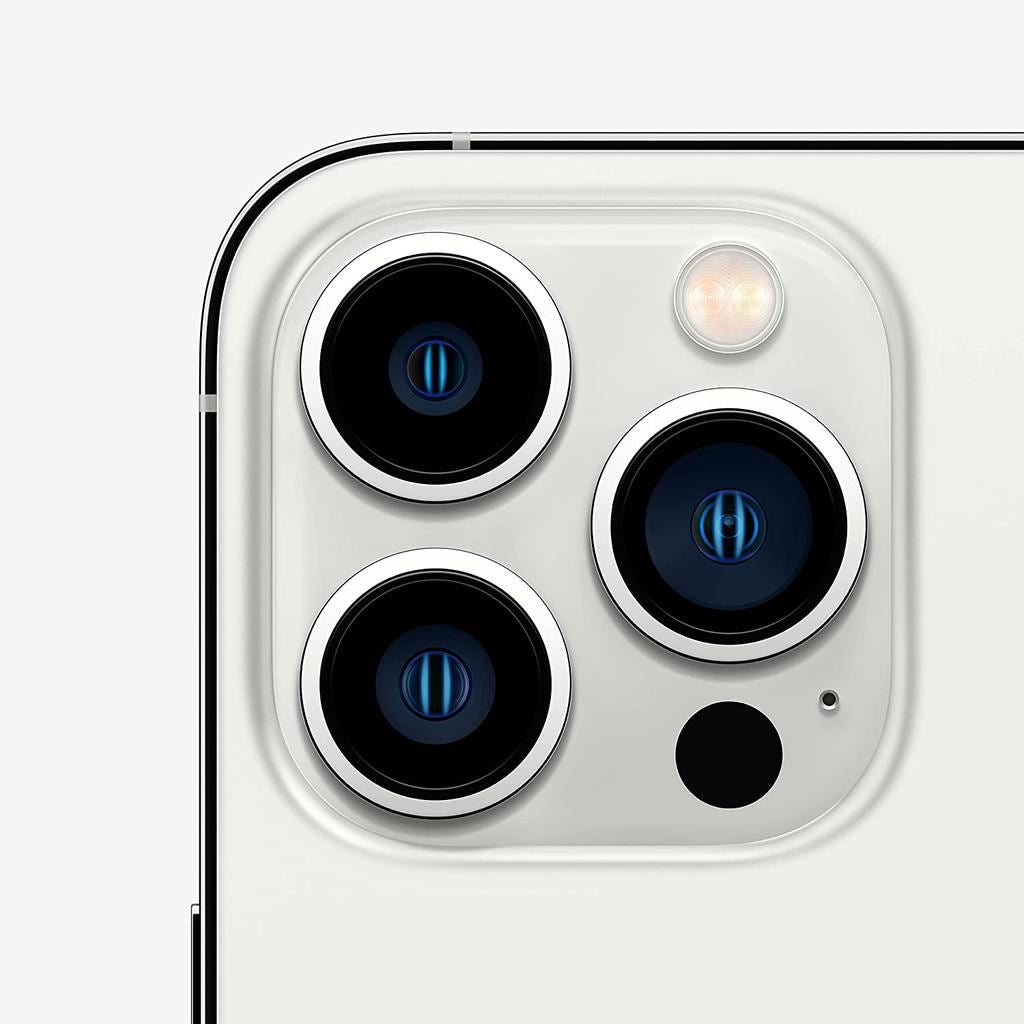 Close-up of Apple iPhone 13 Pro Max rear triple camera system and flash in silver color, network unlocked 128GB model