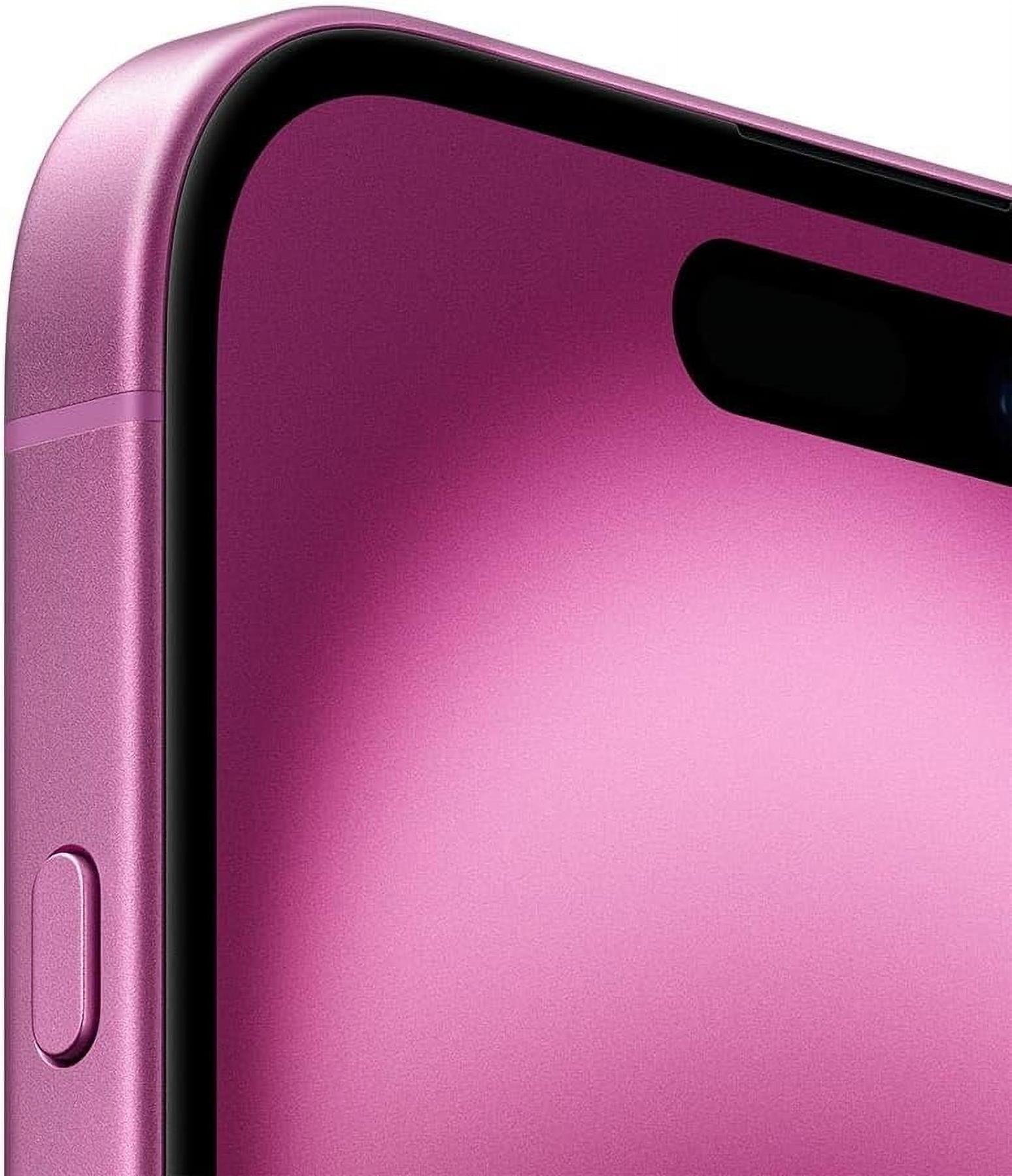 Close-up of purple Apple iPhone 16 128GB showing side button and front camera notch in excellent condition unlocked model