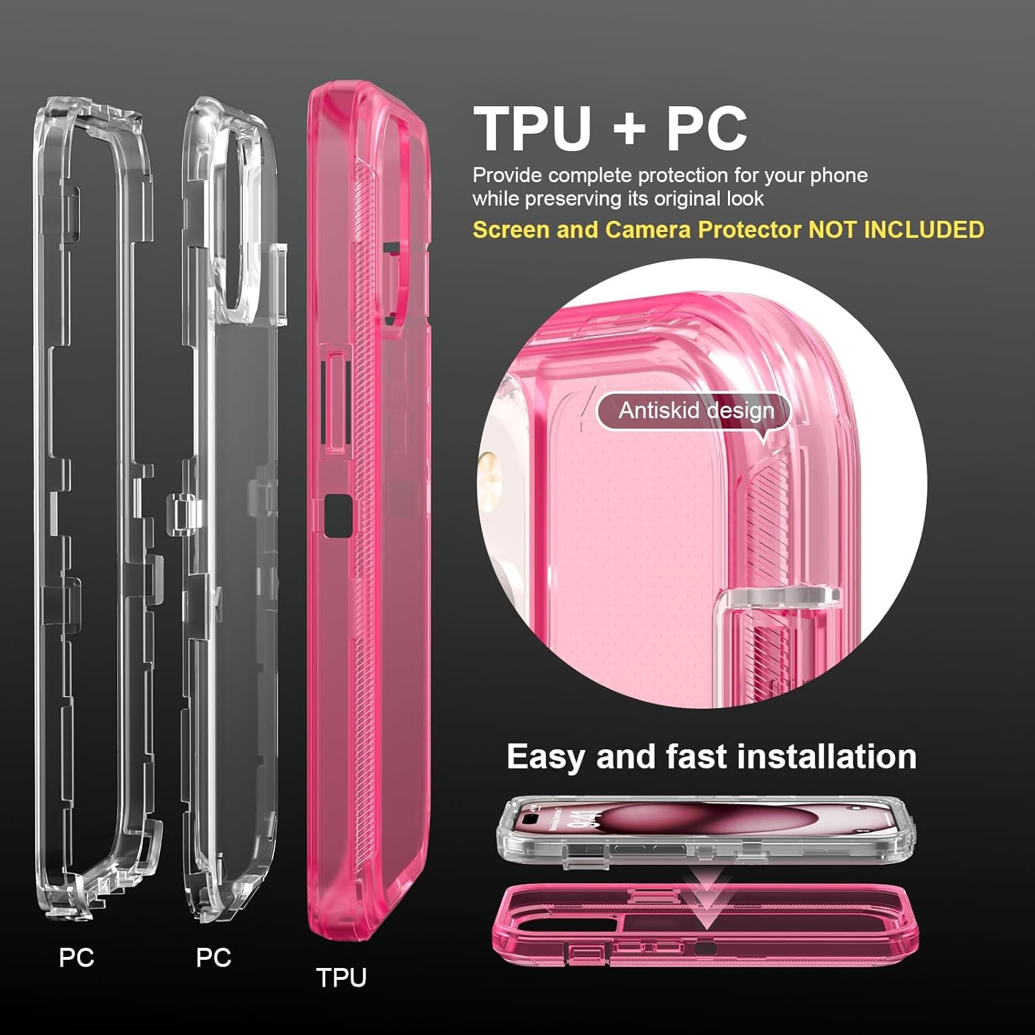 for iPhone 15 Case, Heavy Duty Shockproof Protection Phone Cases, Anti-Drop, Dual Layer Transparent Protective Cover Compatible with iPhone 15, 6.1 inch,Crystal Pink