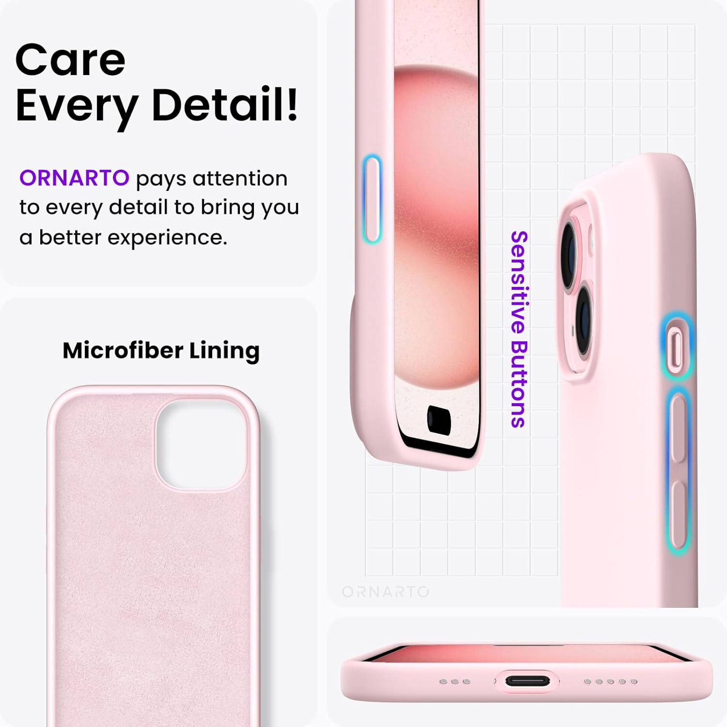 ORNARTO Compatible with iPhone 15 Case 6.1, Slim Liquid Silicone 3 Layers Full Covered Soft Gel Rubber Phone Case, Anti-Scratch Shockproof Protective Cover 6.1 Inch, Chalk Pink