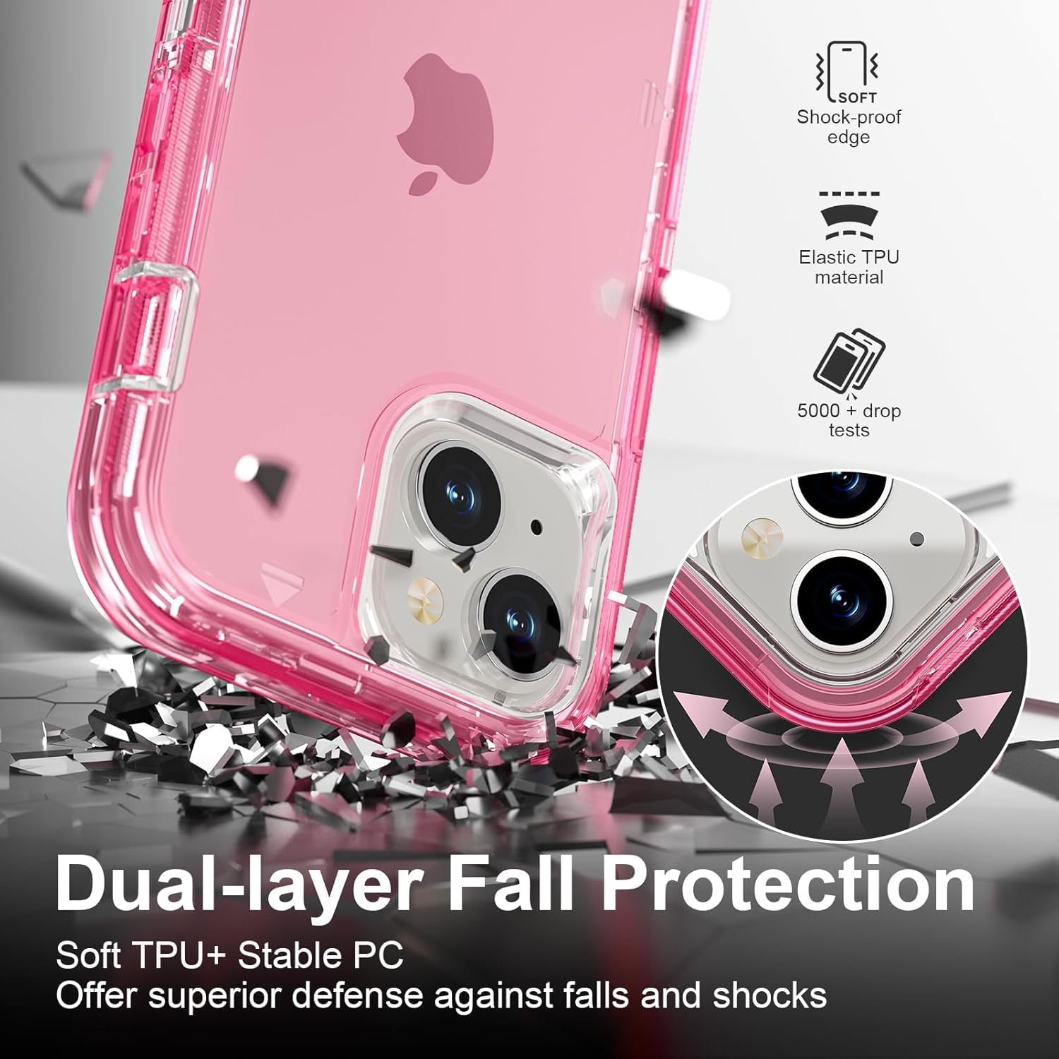 for iPhone 15 Case, Heavy Duty Shockproof Protection Phone Cases, Anti-Drop, Dual Layer Transparent Protective Cover Compatible with iPhone 15, 6.1 inch,Crystal Pink