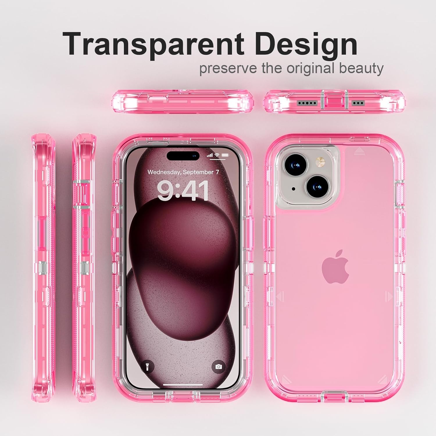 for iPhone 15 Case, Heavy Duty Shockproof Protection Phone Cases, Anti-Drop, Dual Layer Transparent Protective Cover Compatible with iPhone 15, 6.1 inch,Crystal Pink