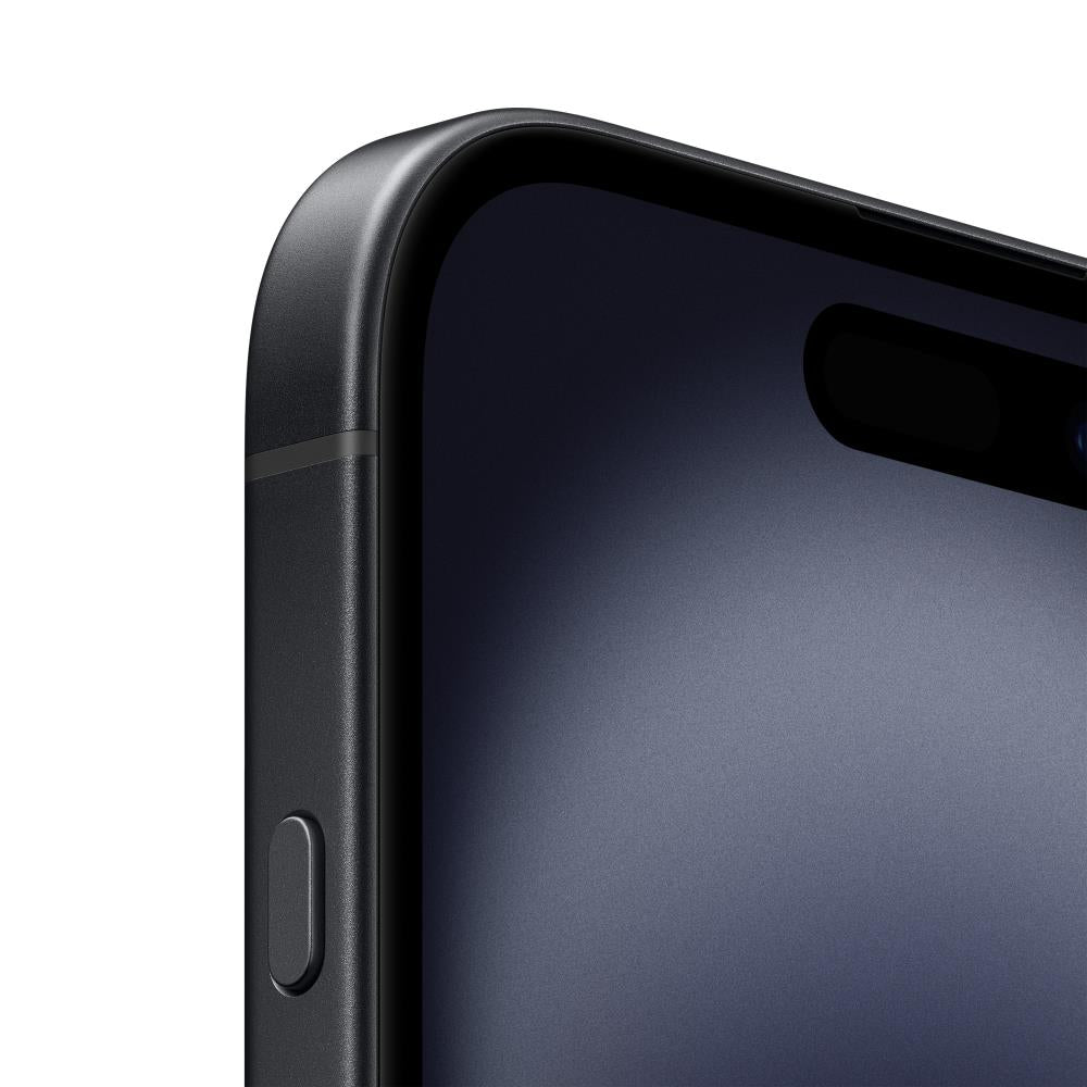 Close-up of Apple iPhone 16 Plus in black showing side button and front display with notch in excellent condition unlocked model