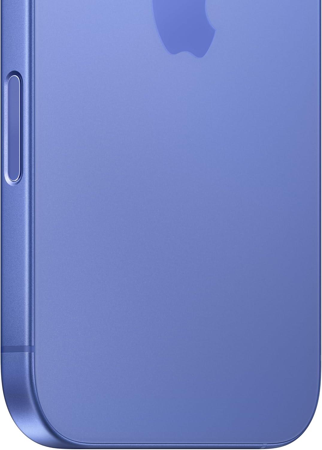 Close-up of blue Apple iPhone 16 showing side button and partial back with Apple logo, unlocked 128GB model