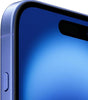 Close-up of Apple iPhone 16 Plus in blue showing edge, side button, and front screen with notch in excellent condition