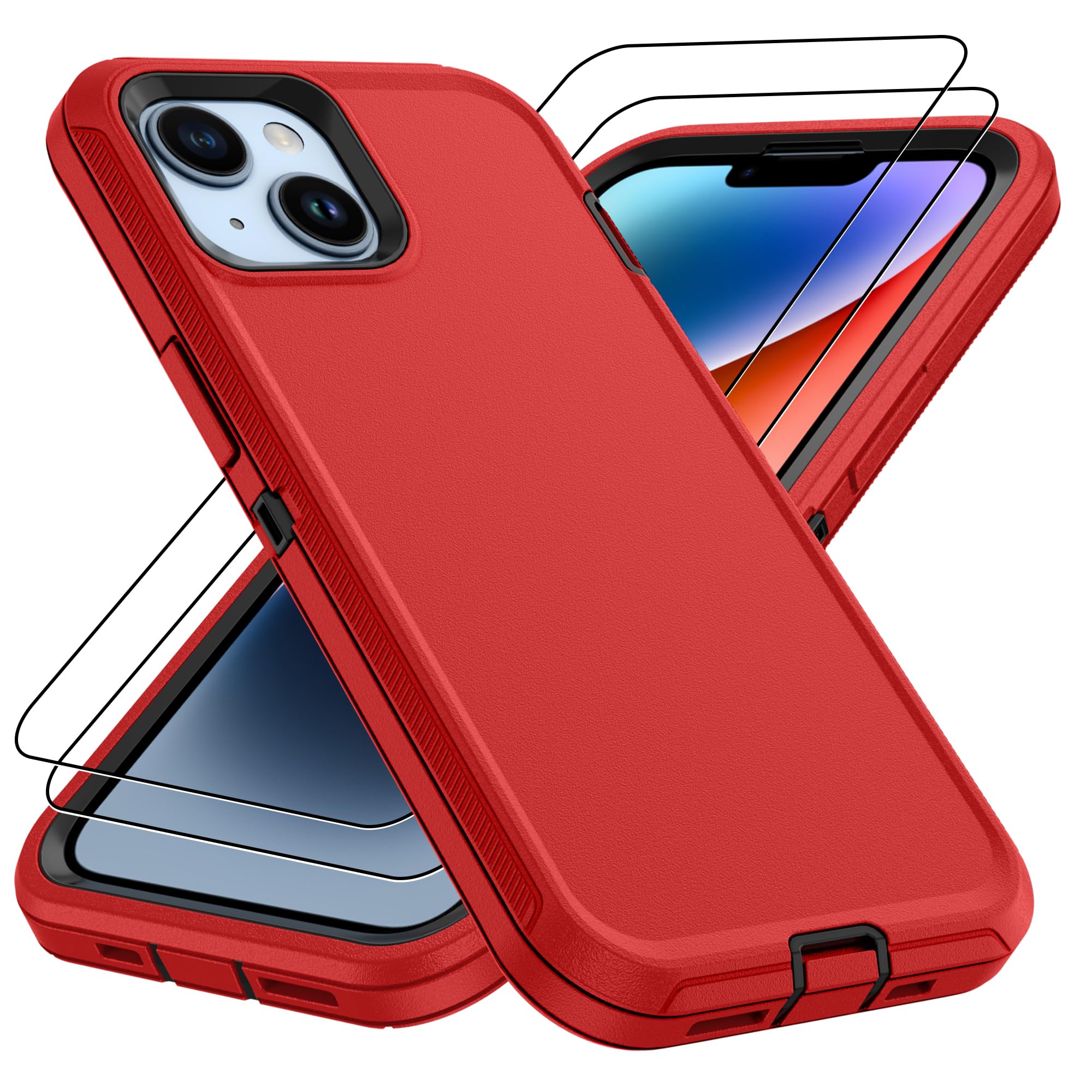 for iPhone 14 case & iPhone13 Case with 2Pcs HD Screen Protector,14 FT Military Grade 3 in 1 Shockproof/Dustproof/Drop Proof Military Grade Protective Cover for iPhone14/13 6.1-Black