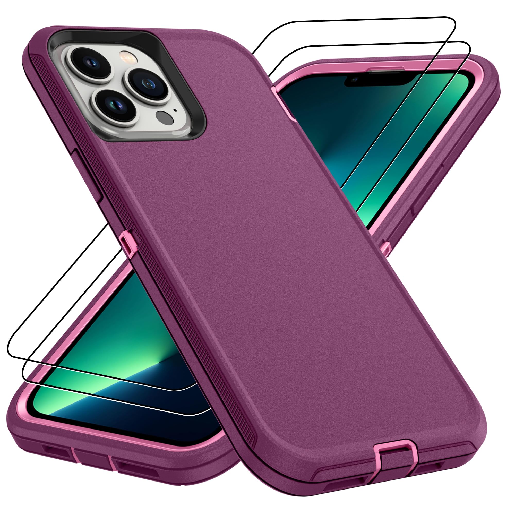 for iPhone 14 case & iPhone13 Case with 2Pcs HD Screen Protector,14 FT Military Grade 3 in 1 Shockproof/Dustproof/Drop Proof Military Grade Protective Cover for iPhone14/13 6.1-Black