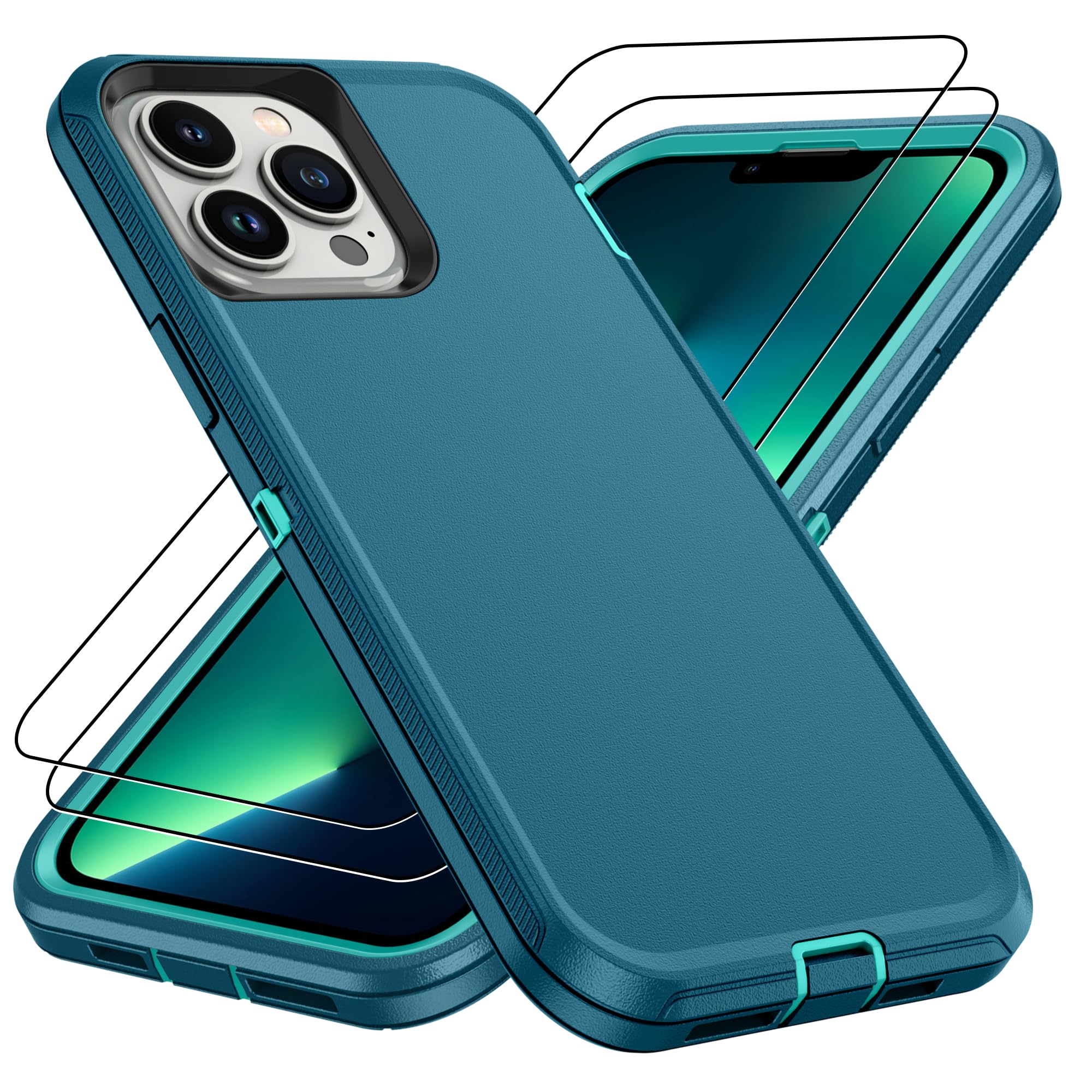 for iPhone 14 case & iPhone13 Case with 2Pcs HD Screen Protector,14 FT Military Grade 3 in 1 Shockproof/Dustproof/Drop Proof Military Grade Protective Cover for iPhone14/13 6.1-Black