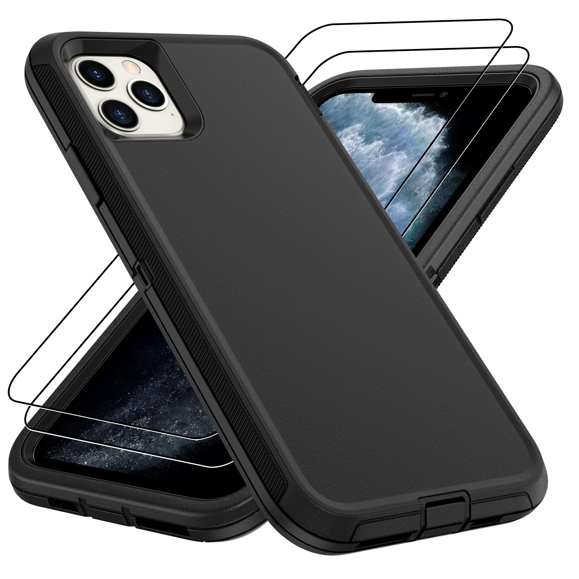 for iPhone 14 case & iPhone13 Case with 2Pcs HD Screen Protector,14 FT Military Grade 3 in 1 Shockproof/Dustproof/Drop Proof Military Grade Protective Cover for iPhone14/13 6.1-Black