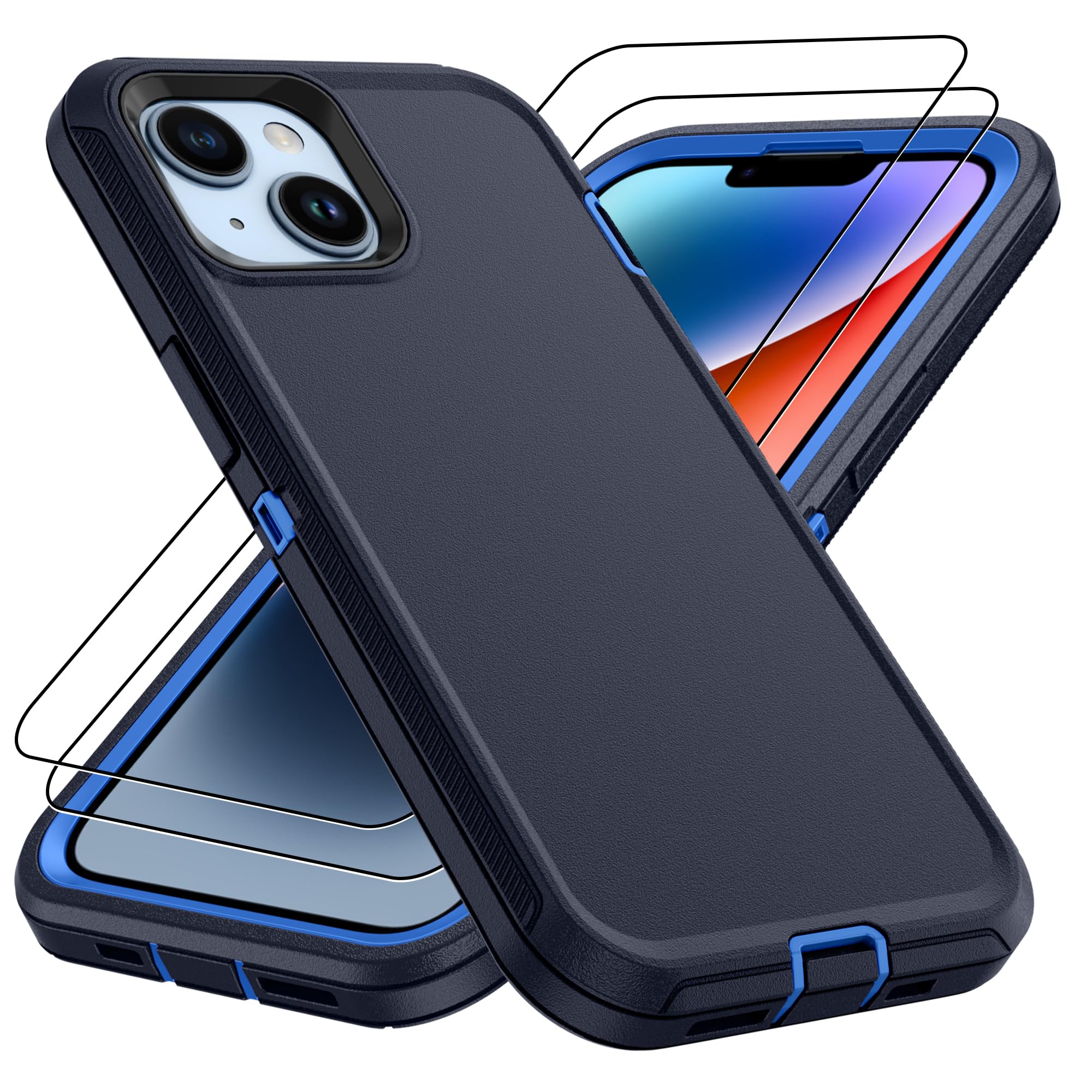 for iPhone 14 case & iPhone13 Case with 2Pcs HD Screen Protector,14 FT Military Grade 3 in 1 Shockproof/Dustproof/Drop Proof Military Grade Protective Cover for iPhone14/13 6.1-Black