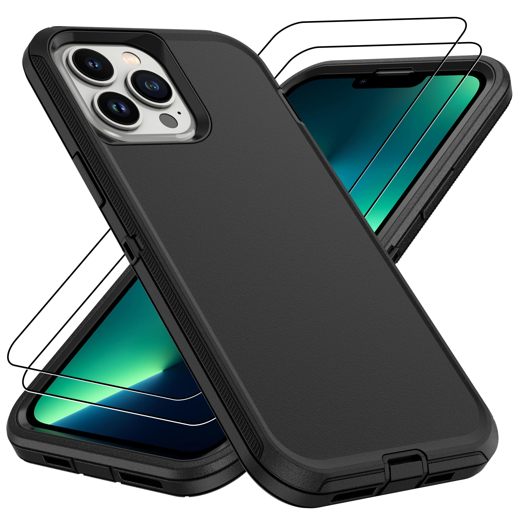 for iPhone 14 case & iPhone13 Case with 2Pcs HD Screen Protector,14 FT Military Grade 3 in 1 Shockproof/Dustproof/Drop Proof Military Grade Protective Cover for iPhone14/13 6.1-Black