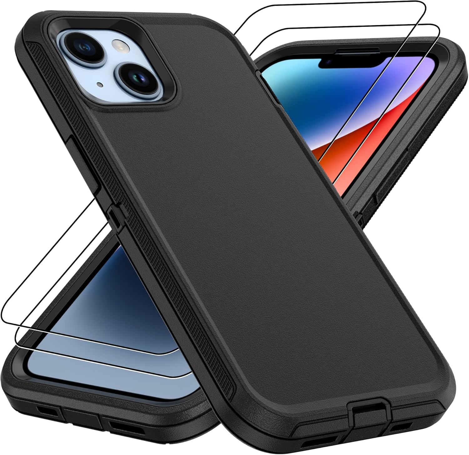 for iPhone 14 case & iPhone13 Case with 2Pcs HD Screen Protector,14 FT Military Grade 3 in 1 Shockproof/Dustproof/Drop Proof Military Grade Protective Cover for iPhone14/13 6.1-Black