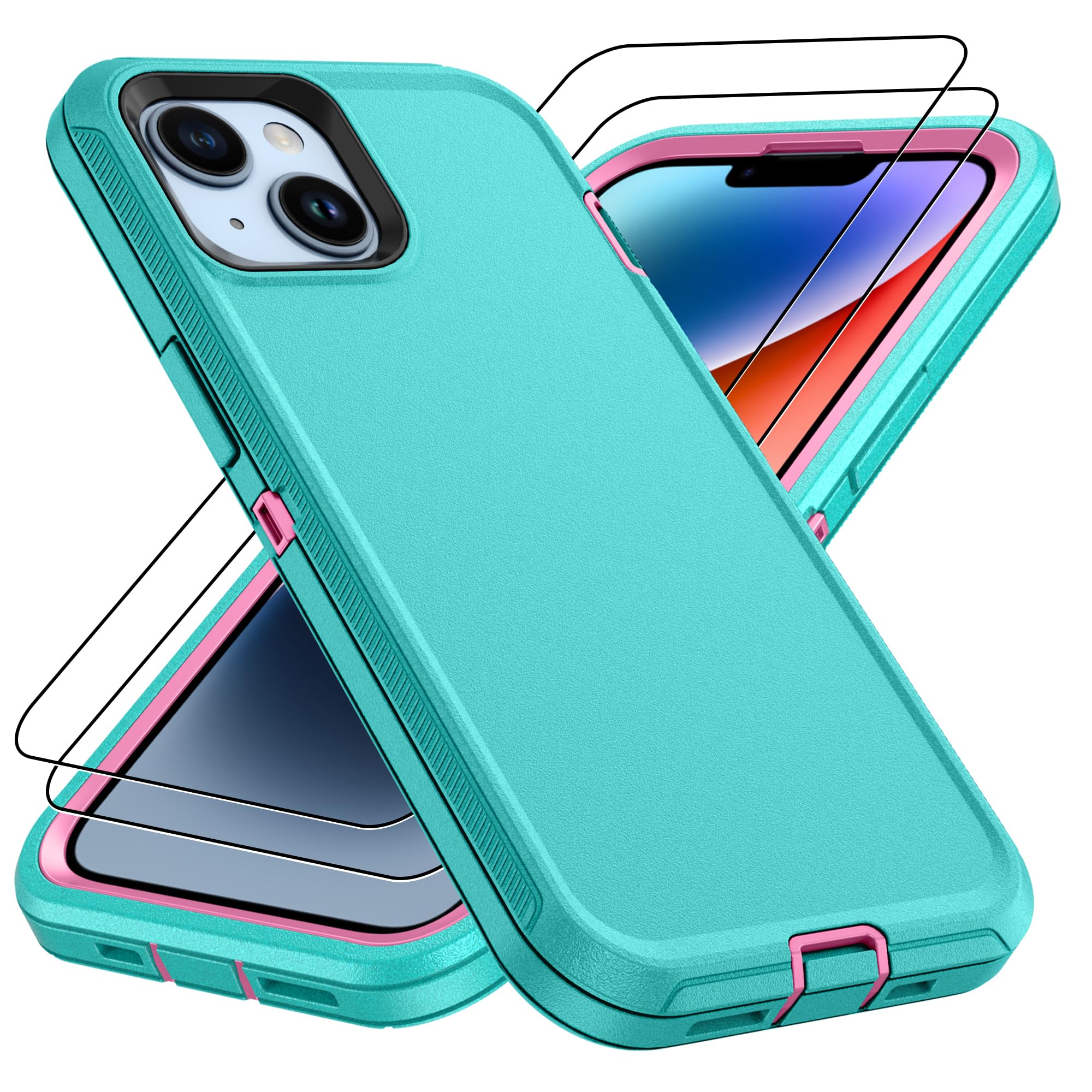 for iPhone 14 case & iPhone13 Case with 2Pcs HD Screen Protector,14 FT Military Grade 3 in 1 Shockproof/Dustproof/Drop Proof Military Grade Protective Cover for iPhone14/13 6.1-Black