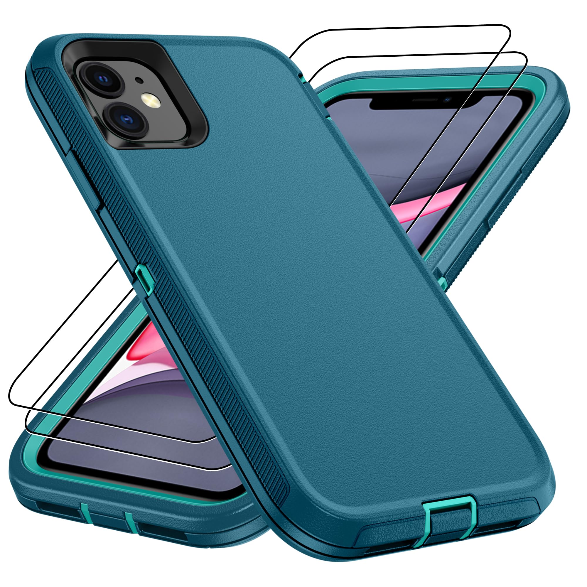 for iPhone 14 case & iPhone13 Case with 2Pcs HD Screen Protector,14 FT Military Grade 3 in 1 Shockproof/Dustproof/Drop Proof Military Grade Protective Cover for iPhone14/13 6.1-Black