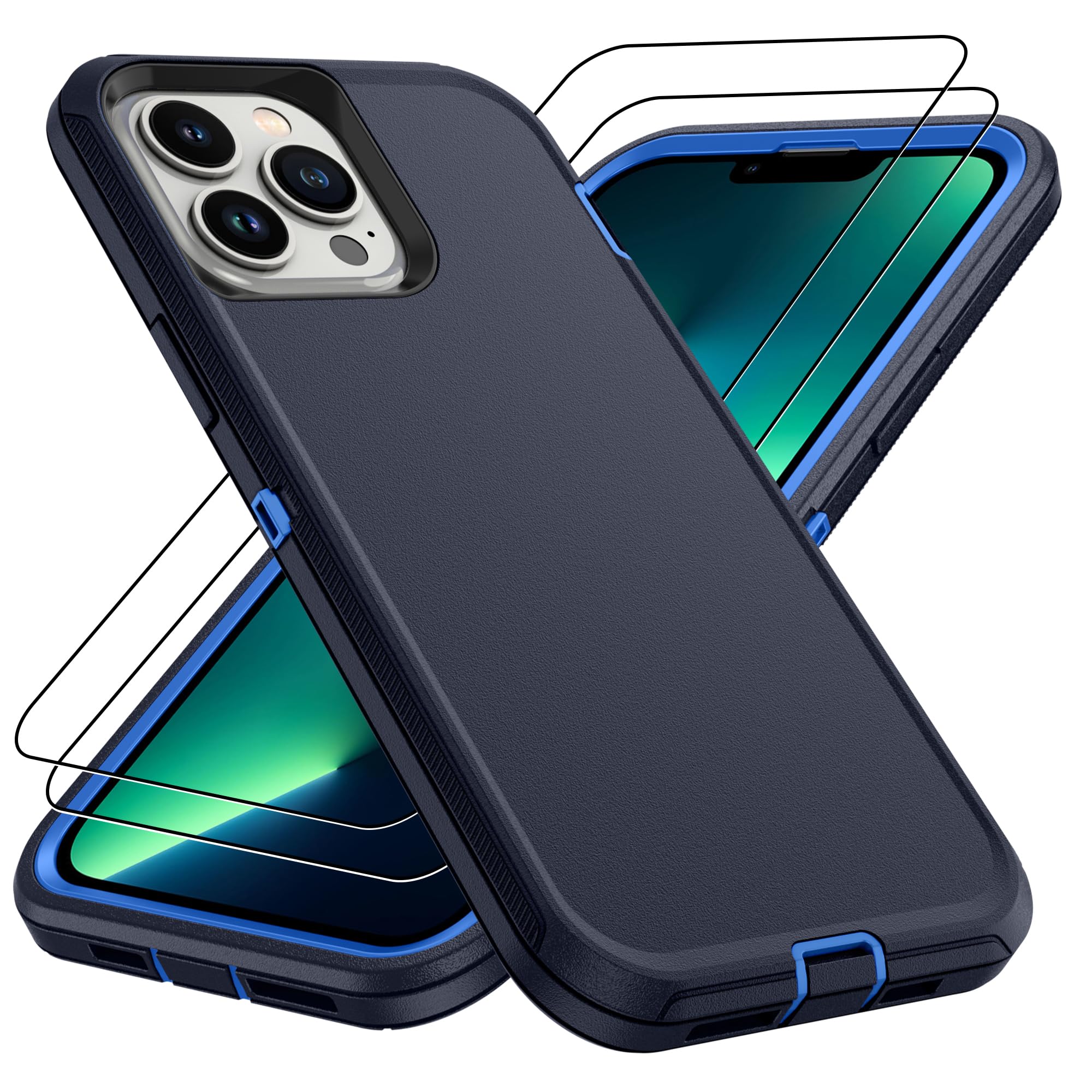 for iPhone 14 case & iPhone13 Case with 2Pcs HD Screen Protector,14 FT Military Grade 3 in 1 Shockproof/Dustproof/Drop Proof Military Grade Protective Cover for iPhone14/13 6.1-Black