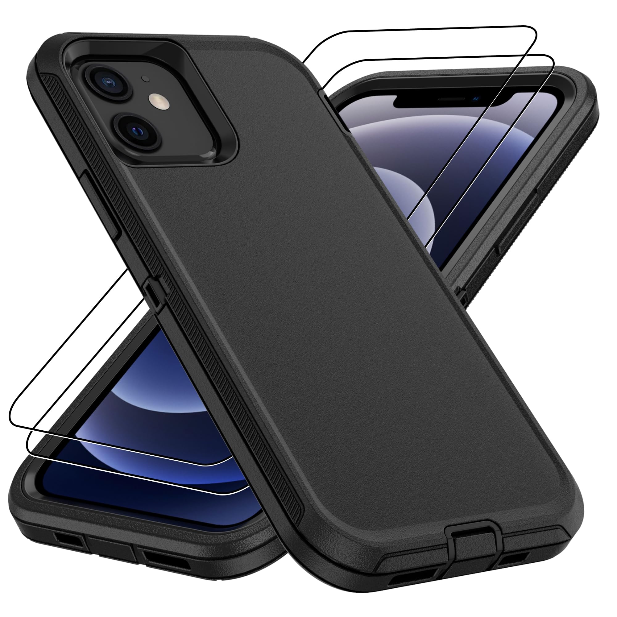 for iPhone 14 case & iPhone13 Case with 2Pcs HD Screen Protector,14 FT Military Grade 3 in 1 Shockproof/Dustproof/Drop Proof Military Grade Protective Cover for iPhone14/13 6.1-Black