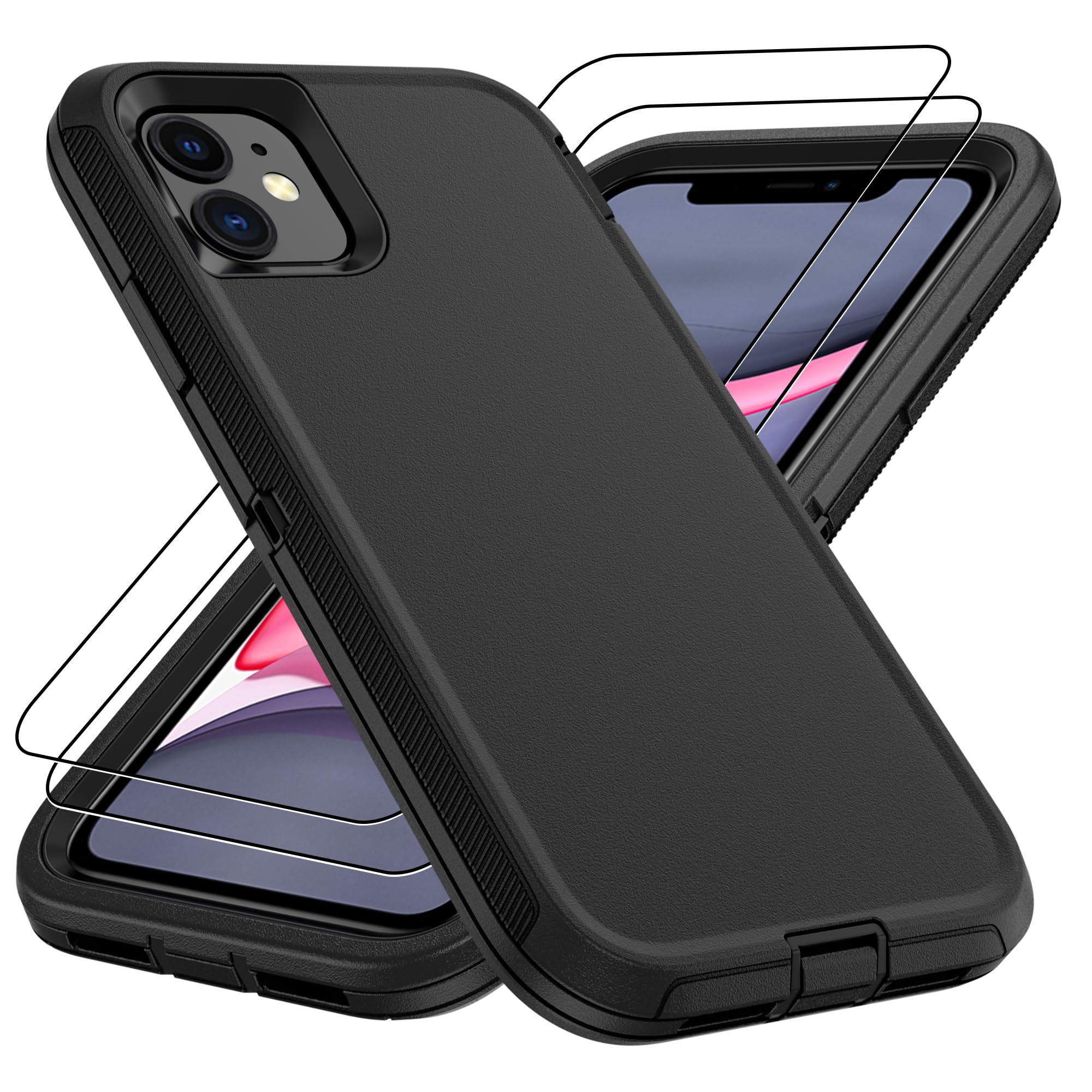 for iPhone 14 case & iPhone13 Case with 2Pcs HD Screen Protector,14 FT Military Grade 3 in 1 Shockproof/Dustproof/Drop Proof Military Grade Protective Cover for iPhone14/13 6.1-Black