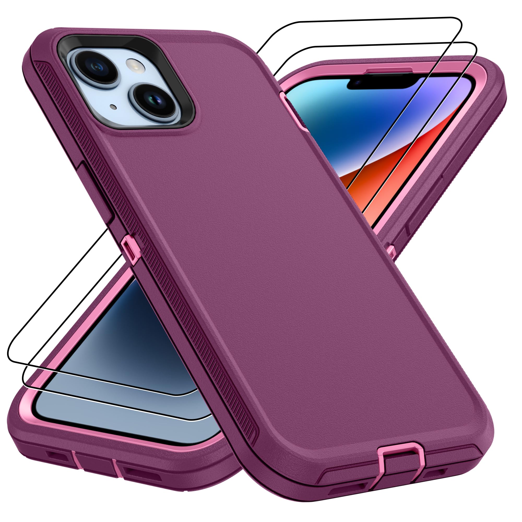 for iPhone 14 case & iPhone13 Case with 2Pcs HD Screen Protector,14 FT Military Grade 3 in 1 Shockproof/Dustproof/Drop Proof Military Grade Protective Cover for iPhone14/13 6.1-Black