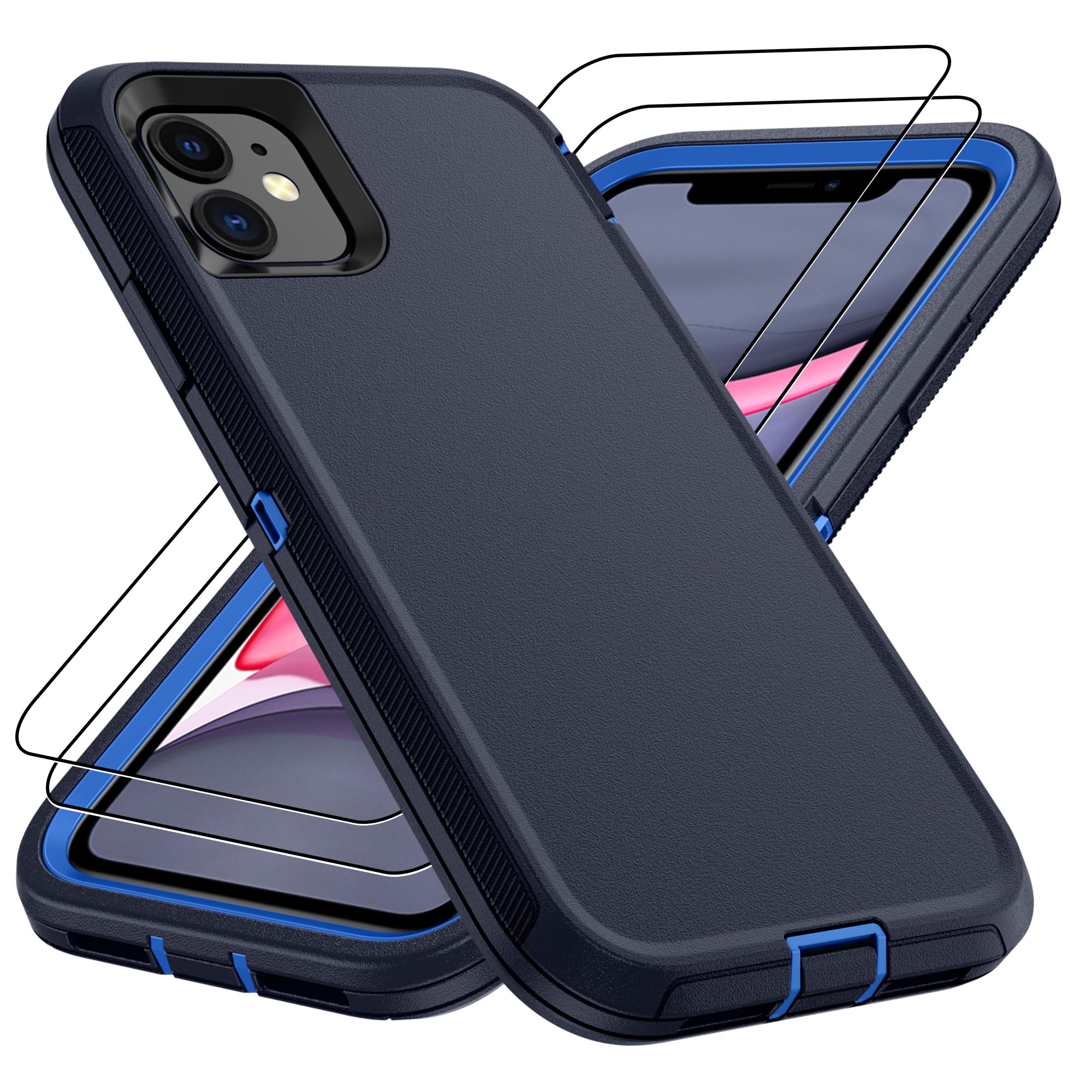 for iPhone 14 case & iPhone13 Case with 2Pcs HD Screen Protector,14 FT Military Grade 3 in 1 Shockproof/Dustproof/Drop Proof Military Grade Protective Cover for iPhone14/13 6.1-Black