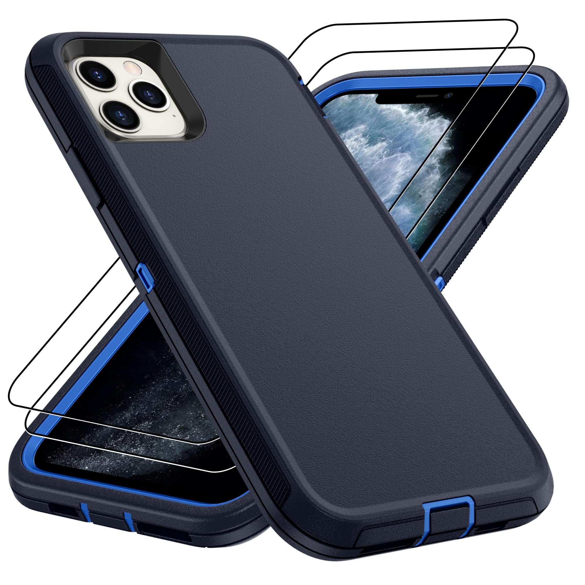 for iPhone 14 case & iPhone13 Case with 2Pcs HD Screen Protector,14 FT Military Grade 3 in 1 Shockproof/Dustproof/Drop Proof Military Grade Protective Cover for iPhone14/13 6.1-Black