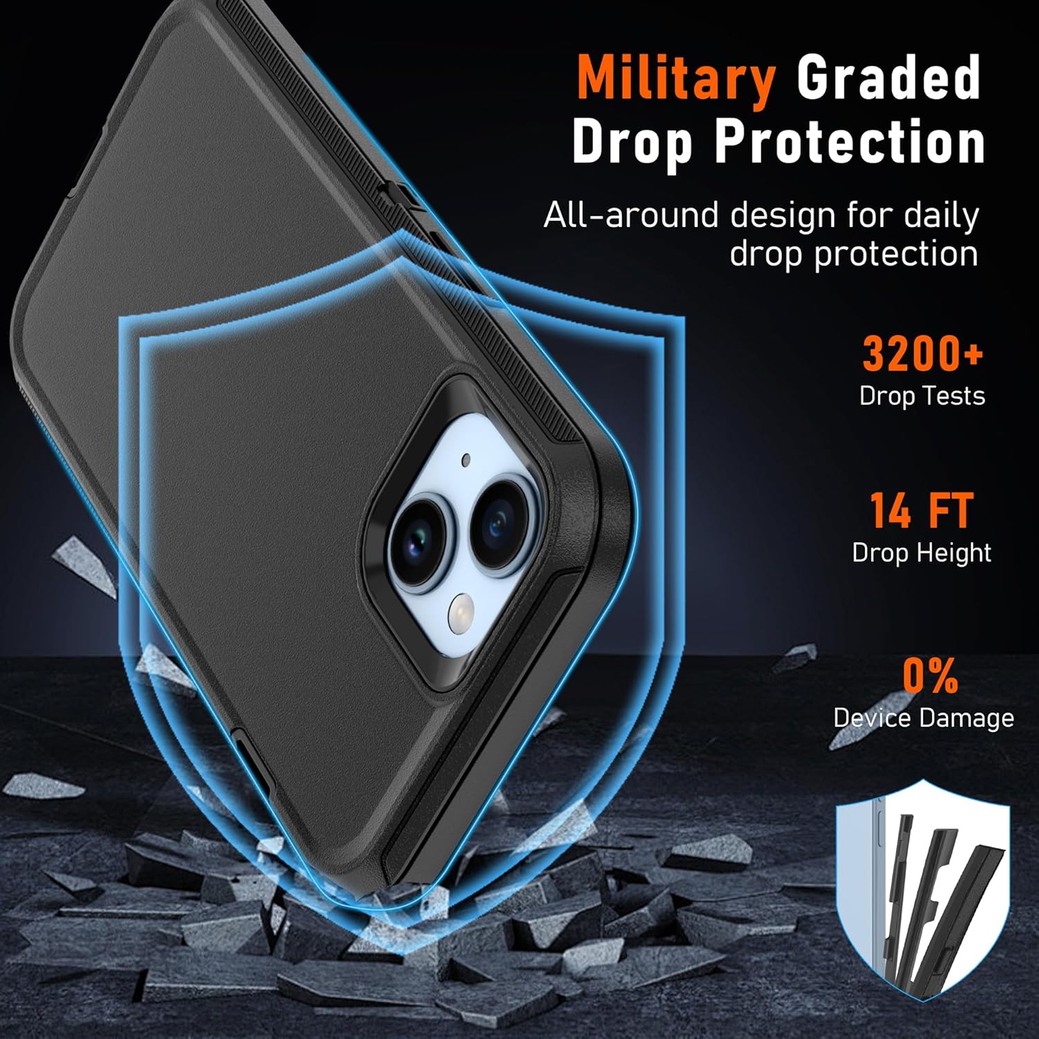for iPhone 14 case & iPhone13 Case with 2Pcs HD Screen Protector,14 FT Military Grade 3 in 1 Shockproof/Dustproof/Drop Proof Military Grade Protective Cover for iPhone14/13 6.1-Black