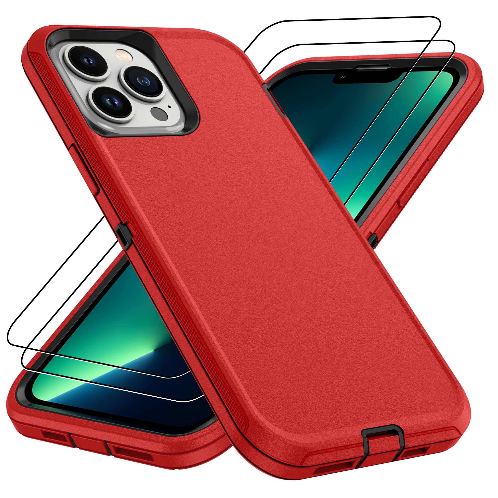 for iPhone 14 case & iPhone13 Case with 2Pcs HD Screen Protector,14 FT Military Grade 3 in 1 Shockproof/Dustproof/Drop Proof Military Grade Protective Cover for iPhone14/13 6.1-Black