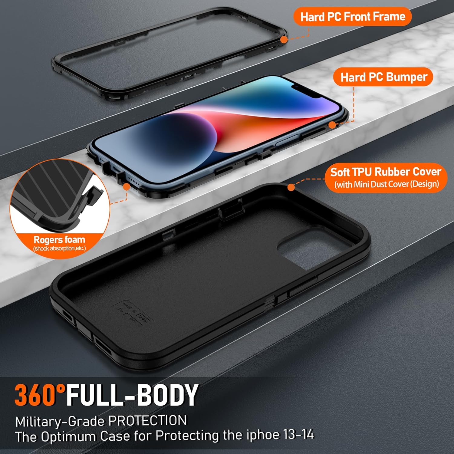 for iPhone 14 case & iPhone13 Case with 2Pcs HD Screen Protector,14 FT Military Grade 3 in 1 Shockproof/Dustproof/Drop Proof Military Grade Protective Cover for iPhone14/13 6.1-Black