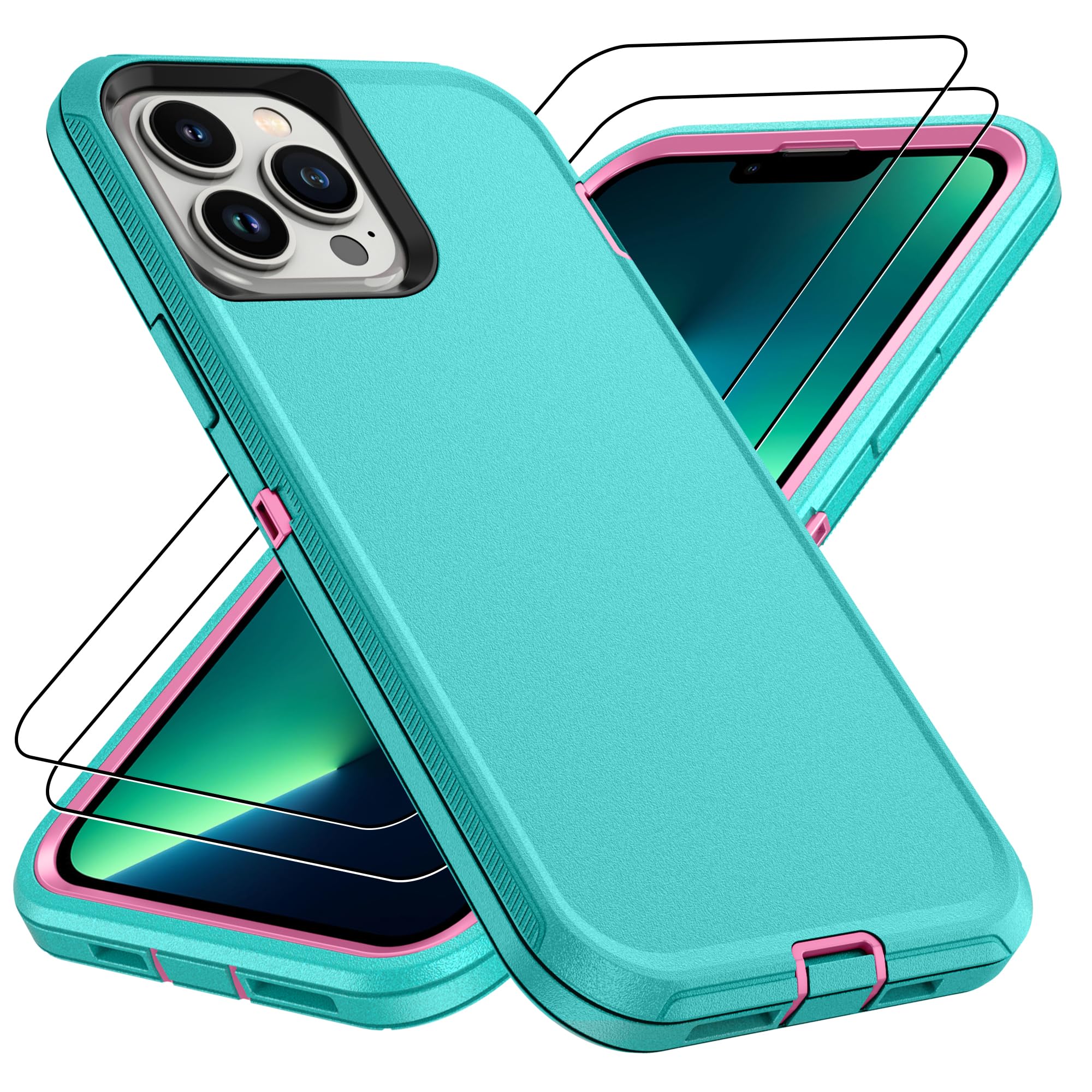 for iPhone 14 case & iPhone13 Case with 2Pcs HD Screen Protector,14 FT Military Grade 3 in 1 Shockproof/Dustproof/Drop Proof Military Grade Protective Cover for iPhone14/13 6.1-Black