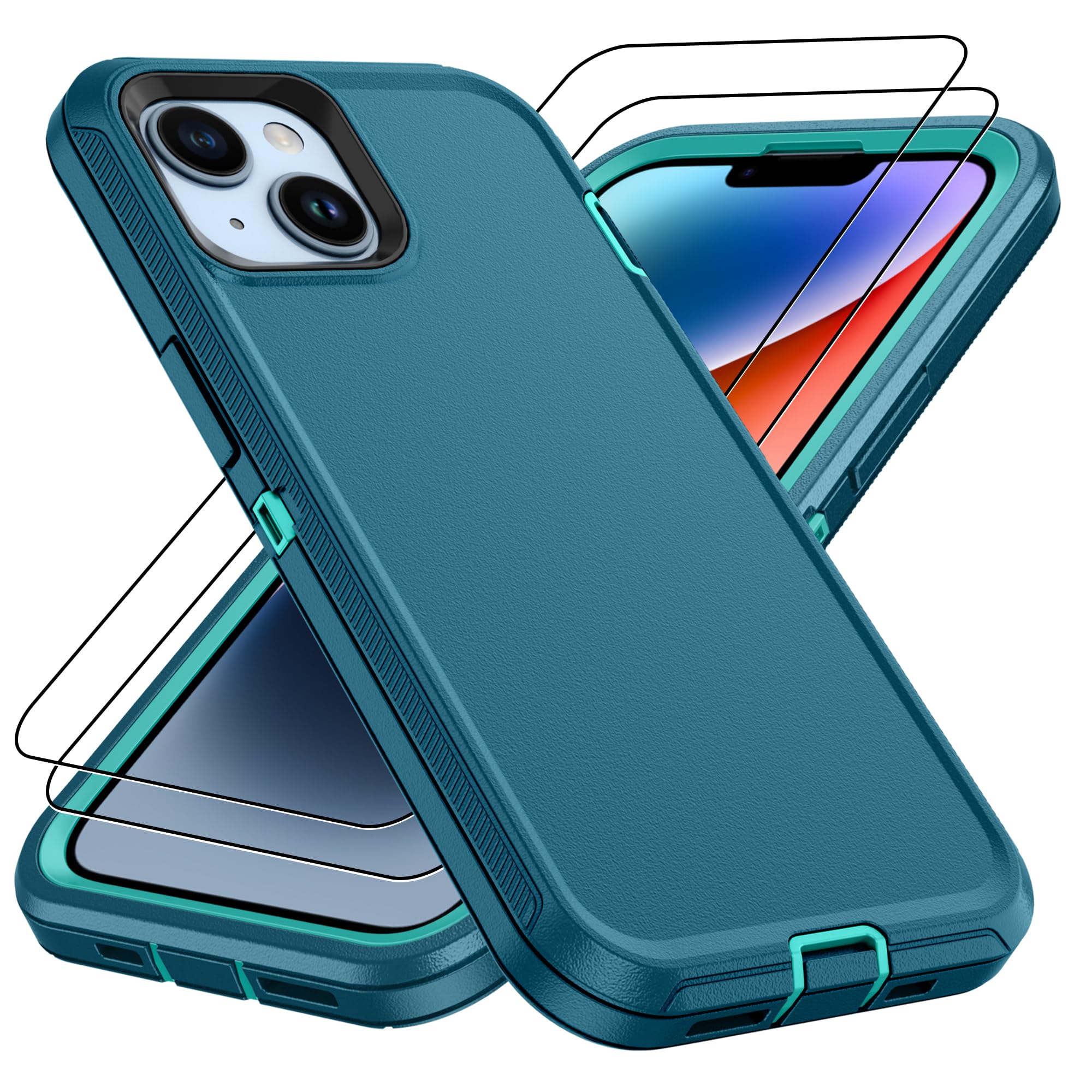 for iPhone 14 case & iPhone13 Case with 2Pcs HD Screen Protector,14 FT Military Grade 3 in 1 Shockproof/Dustproof/Drop Proof Military Grade Protective Cover for iPhone14/13 6.1-Black