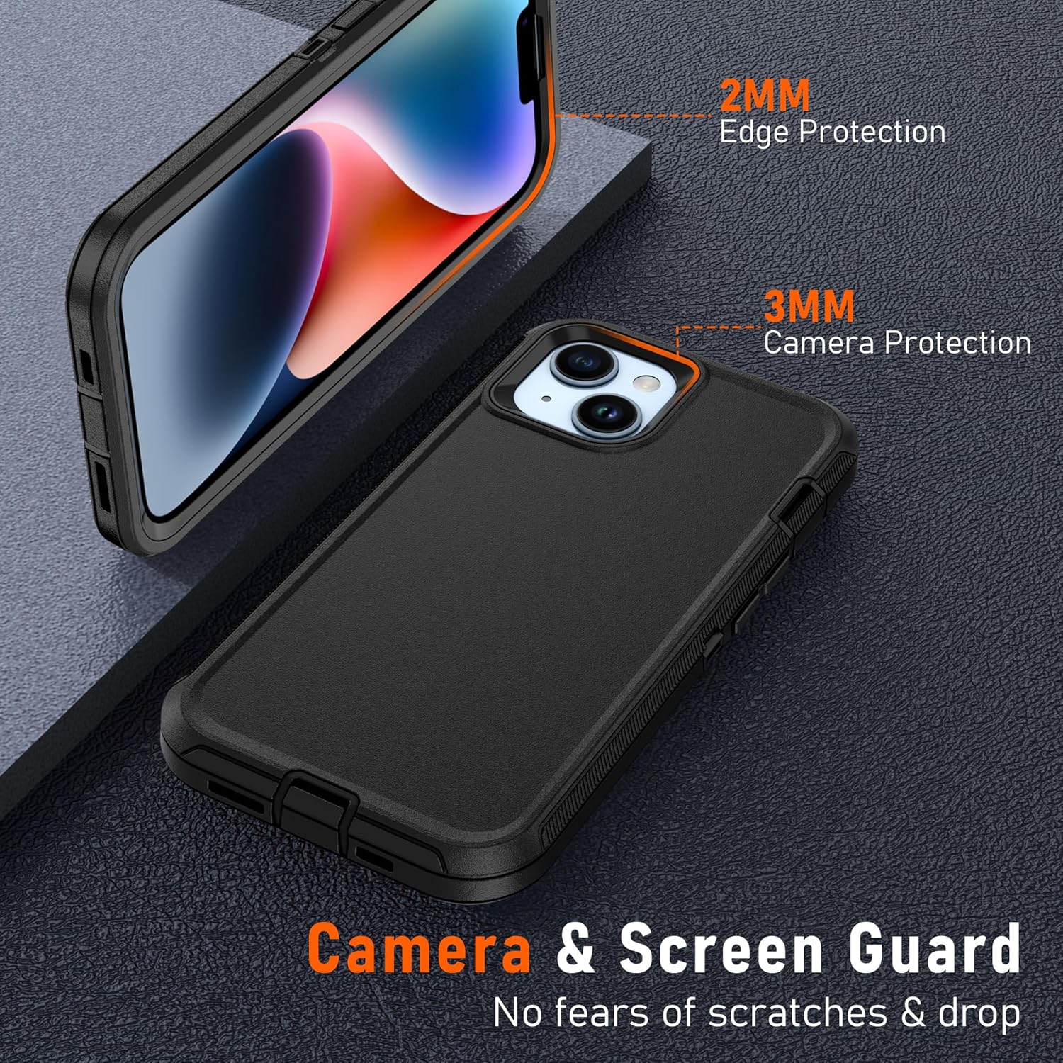 for iPhone 14 case & iPhone13 Case with 2Pcs HD Screen Protector,14 FT Military Grade 3 in 1 Shockproof/Dustproof/Drop Proof Military Grade Protective Cover for iPhone14/13 6.1-Black