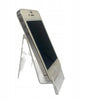 iPhone 4s in silver with glass and steel design displayed on a clear stand showing side buttons and front screen off