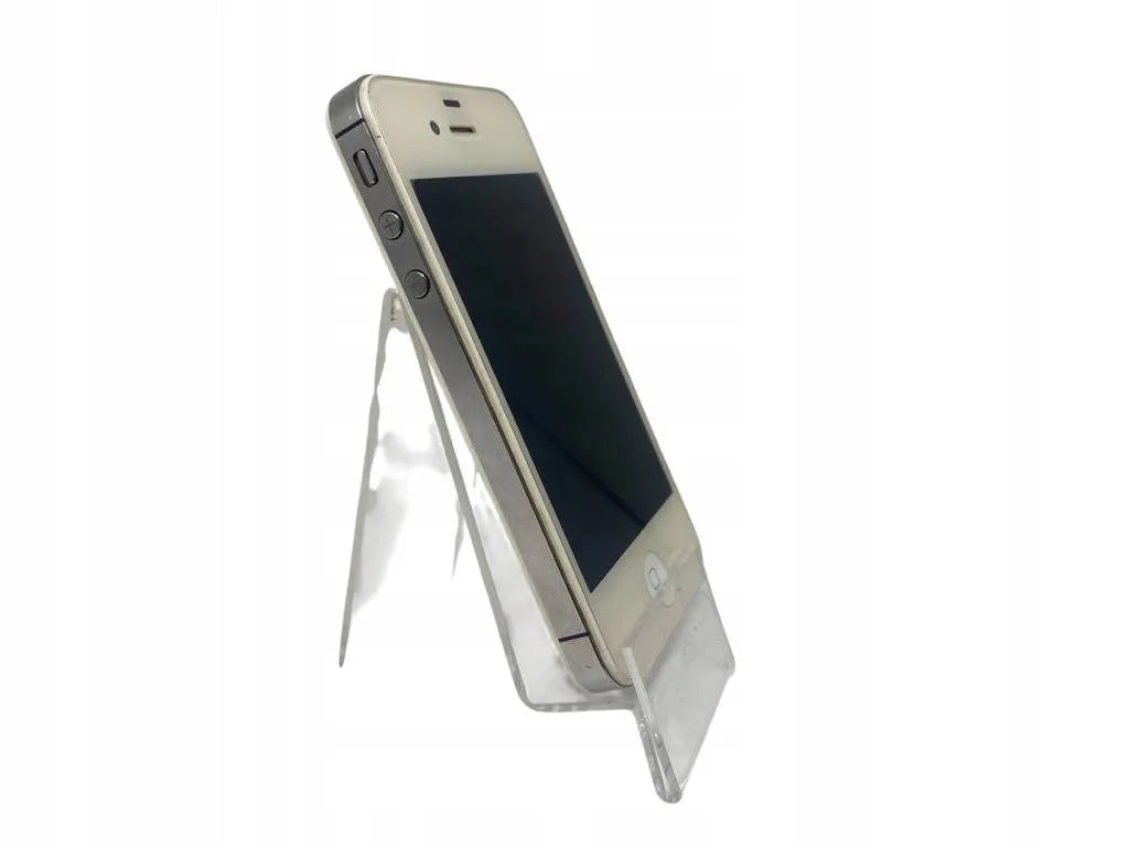 iPhone 4s in silver with glass and steel design displayed on a clear stand showing side buttons and front screen off