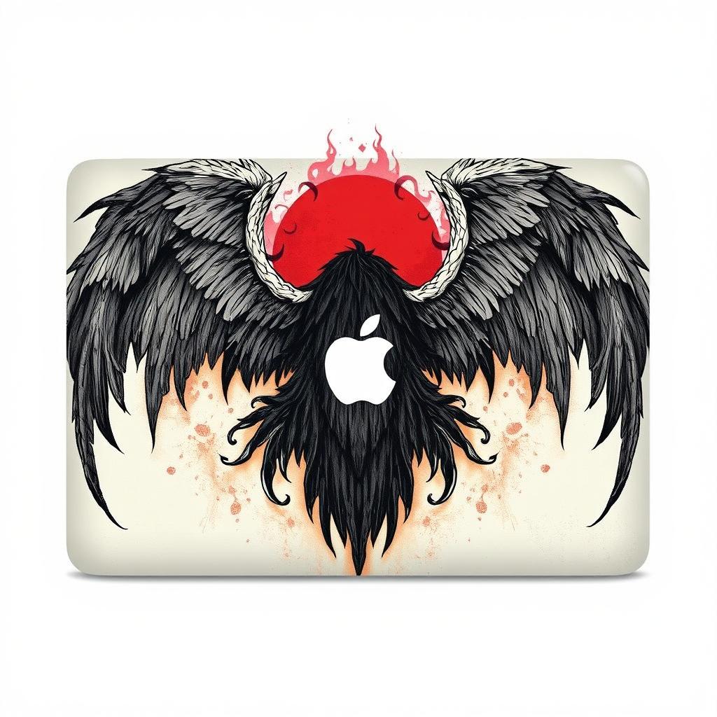 MacBook cover featuring detailed black wings spread wide with a red sun and flames behind the Apple logo center.