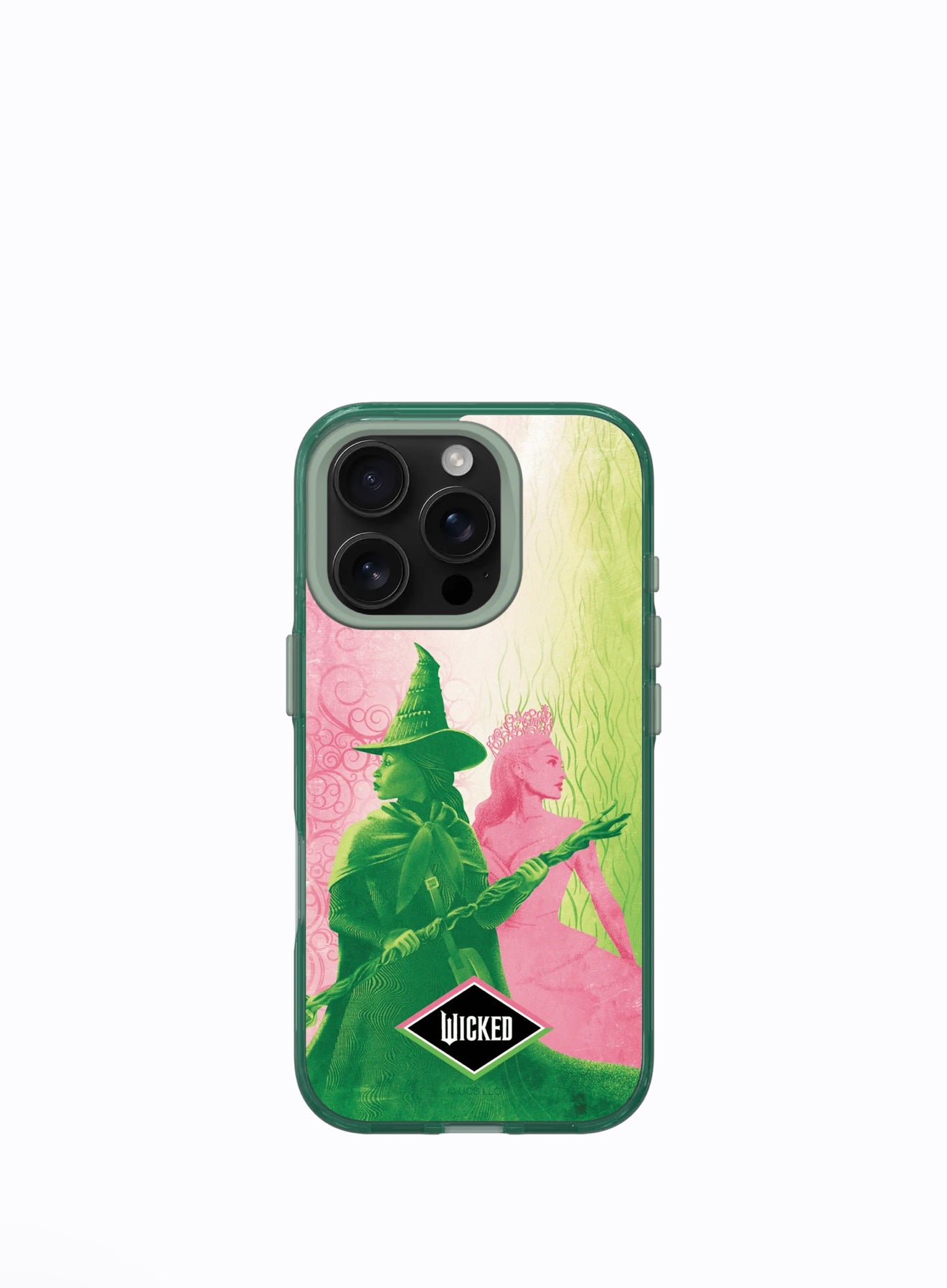 Green and pink Wicked-themed phone case showing two characters, one with a witch hat and the other a crown, on a white background