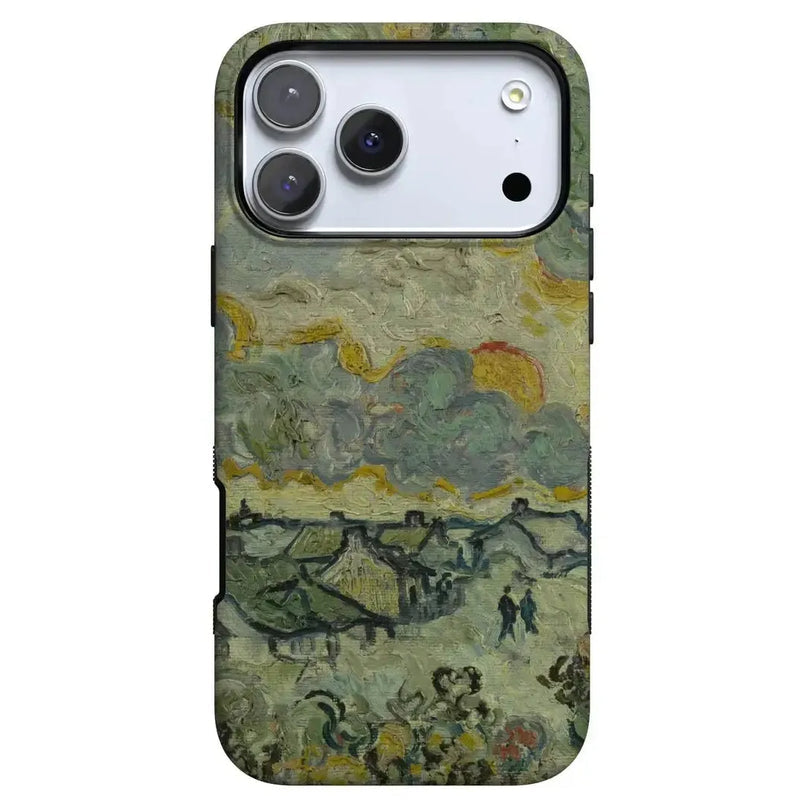 White iPhone with triple rear cameras in a custom case featuring an impressionist landscape painting design
