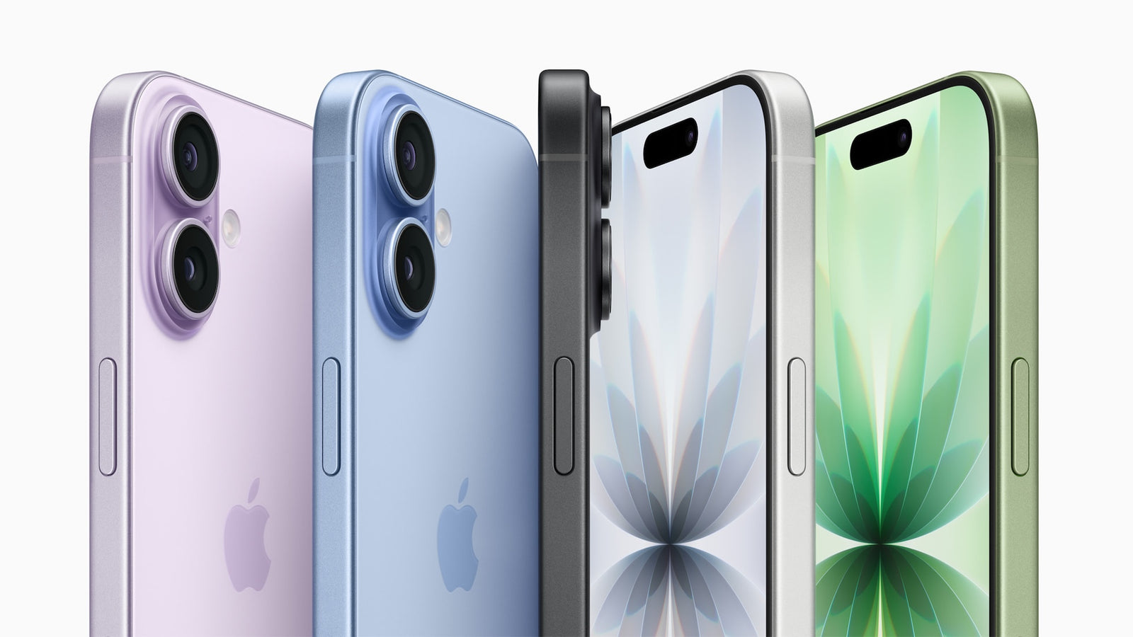 Apple iPhone 14 and iPhone 14 Plus models in purple, blue, black, silver, and green showing front and rear views with dual and dual front cameras.