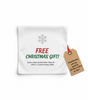 White microfiber screen cleaning cloth with red and green Christmas gift text and holiday offer tag on white background