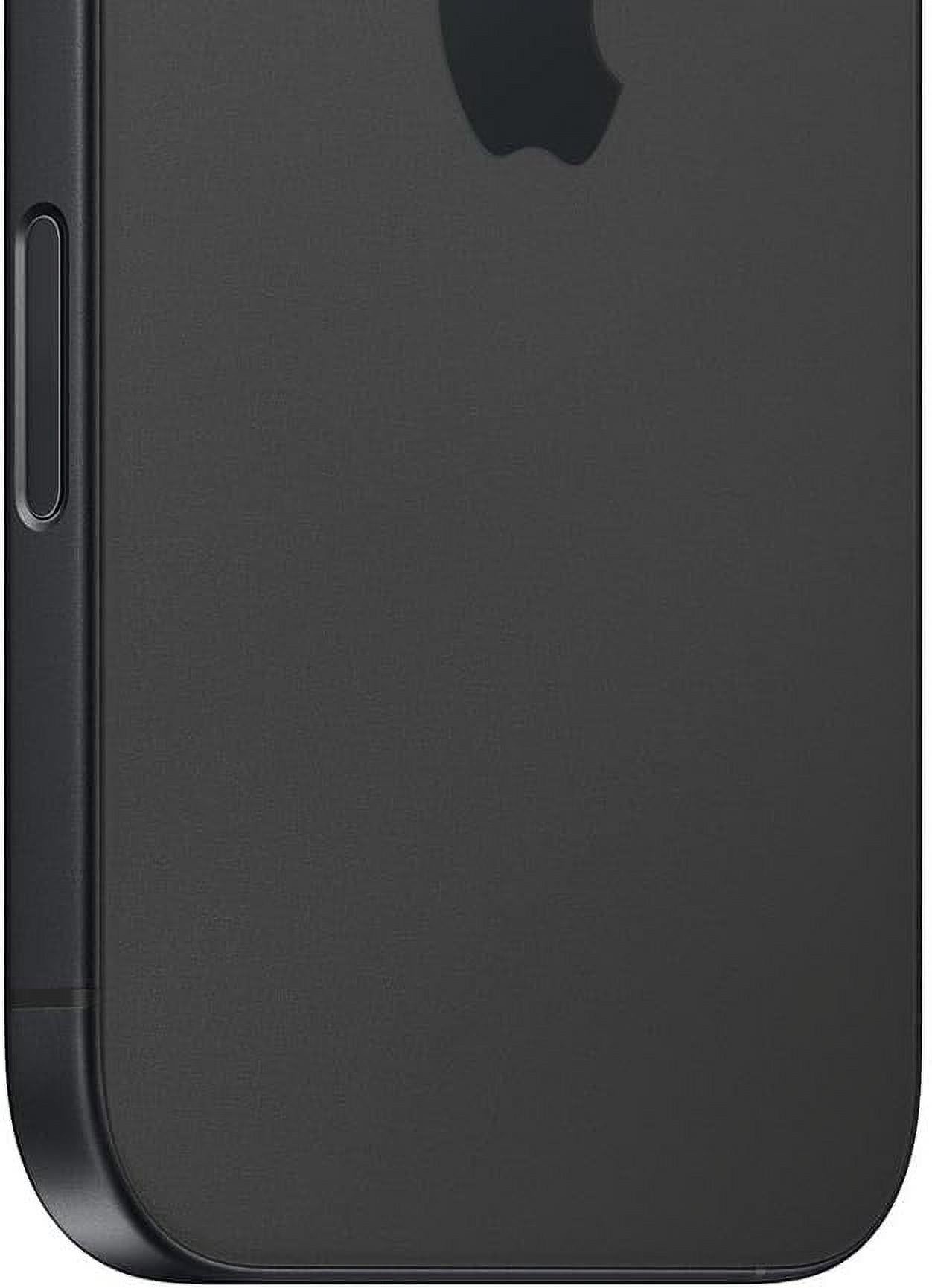 Close-up of black Apple iPhone 16 back side showing Apple logo and side button, unlocked 128GB model in excellent condition