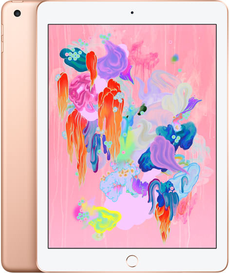 Gold Apple iPad 6 128GB showing front screen with colorful abstract wallpaper and back in good condition unlocked model