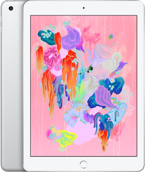 Silver Apple iPad 6 9.7-inch screen with home button and colorful wallpaper, 128GB unlocked in good condition