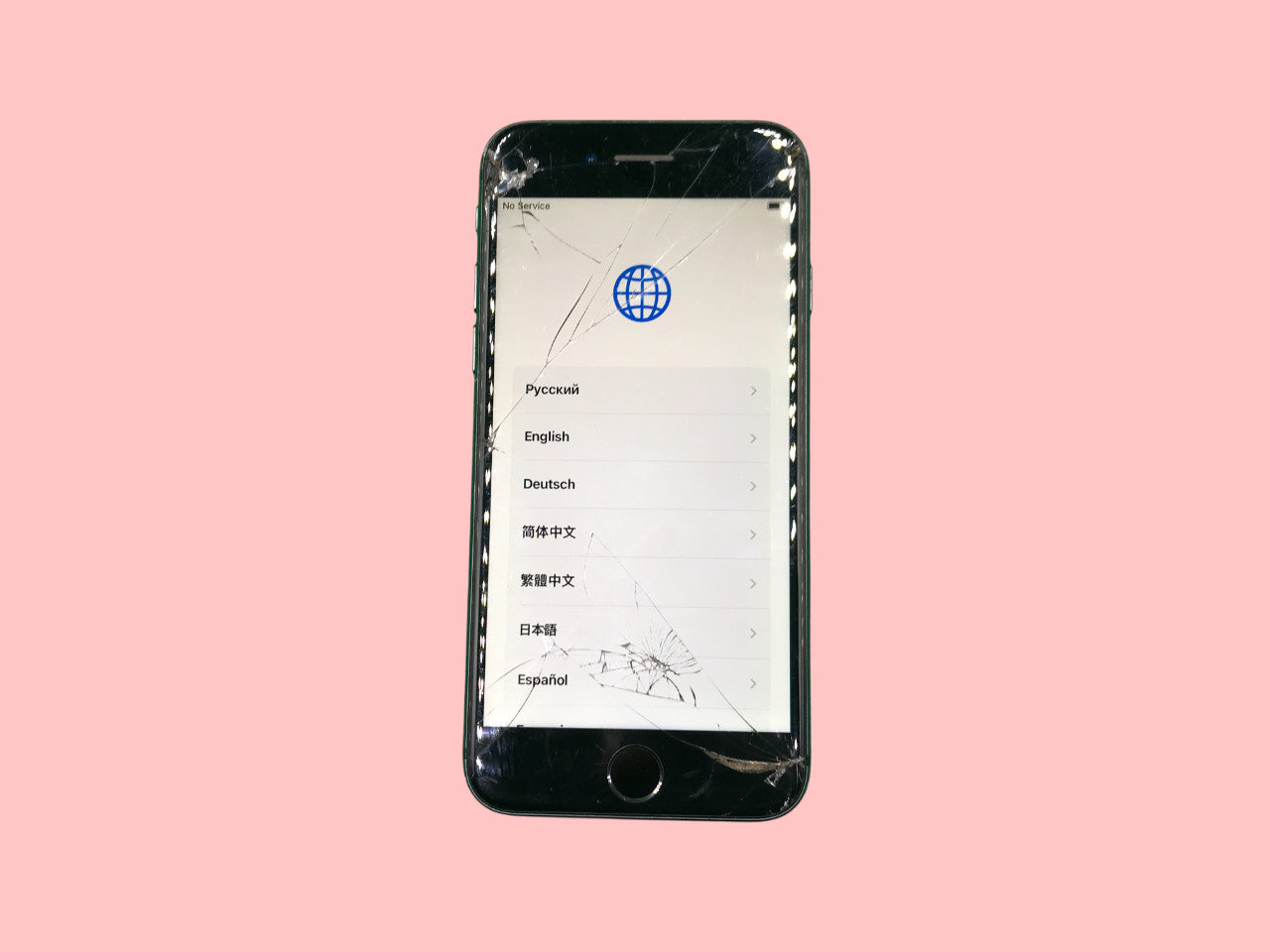 Apple iPhone 8 A1905 64GB Space Gray unlocked with cracked glass and 78% battery showing language selection screen