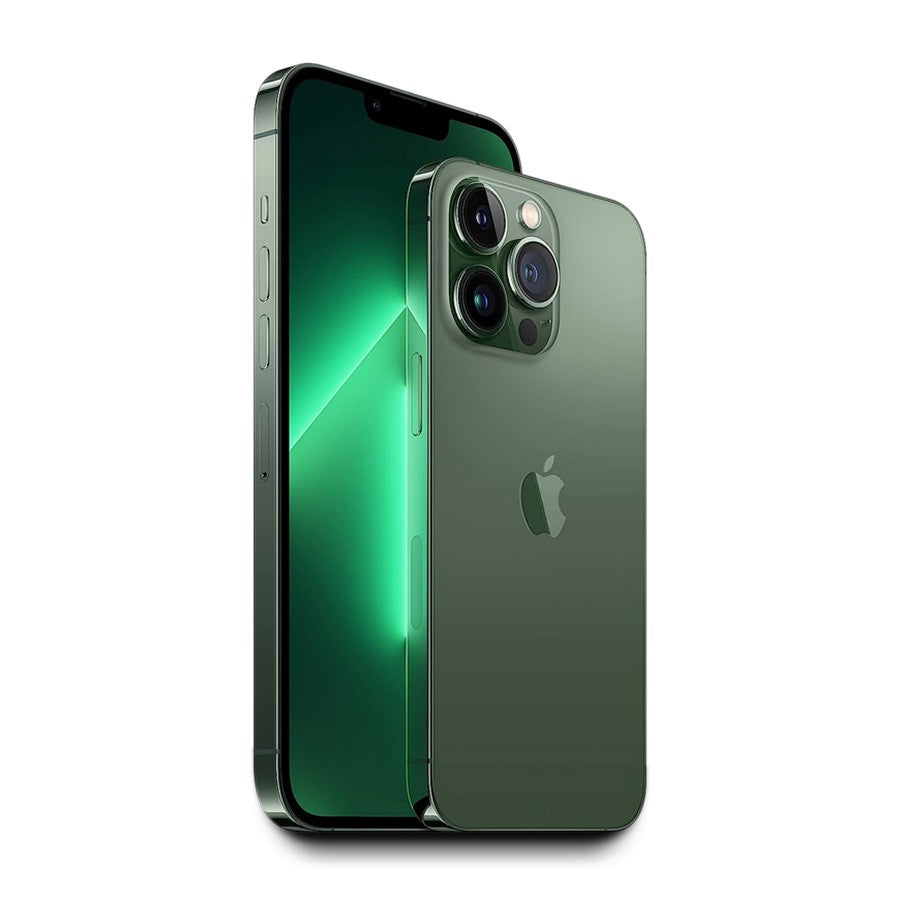 Apple iPhone 13 Pro 6.1-inch Alpine Green showing front screen and triple camera back, unlocked model A2483 with 128GB storage