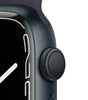 Close-up of Apple Watch Series 7 digital crown and curved display edge in dark color with black silicone band
