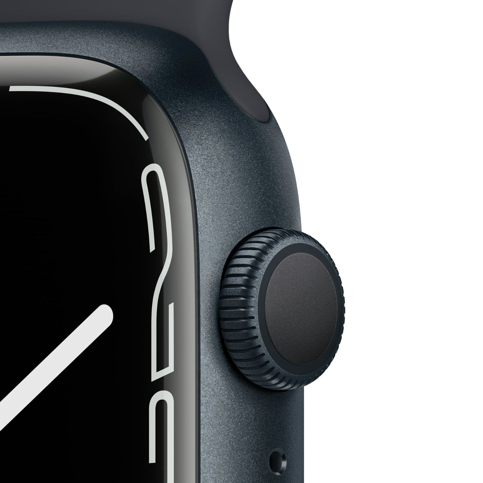 Close-up of Apple Watch Series 7 digital crown and curved display edge in dark color with black silicone band