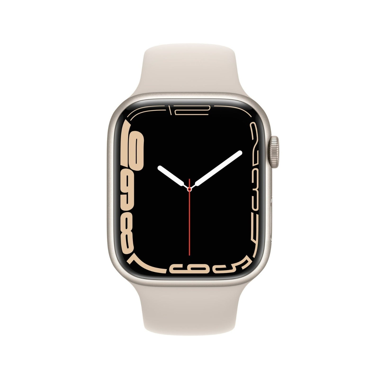 Apple Watch Series 7 Starlight 41mm with silicone band showing front display and digital crown side view