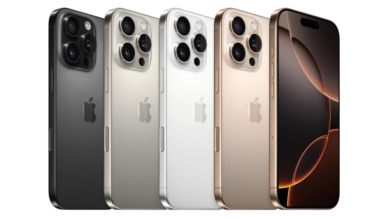 Apple iPhone 16 Pro Max in multiple colors showing front and triple rear cameras, 6.9-inch display, unlocked 256GB storage.