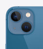 Blue Apple iPhone 13 close-up showing dual rear cameras and flash in excellent condition unlocked model