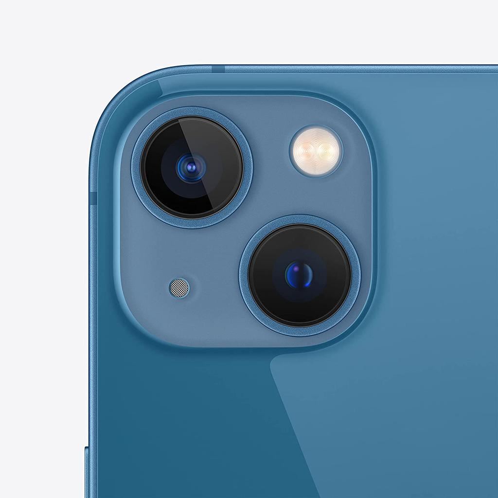 Blue Apple iPhone 13 close-up showing dual rear cameras and flash in excellent condition unlocked model