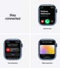 Apple Watch Series 7 in blue showing call screen, emergency SOS alert, and contactless payment feature on display