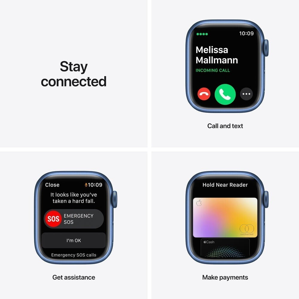 Apple Watch Series 7 in blue showing call screen, emergency SOS alert, and contactless payment feature on display